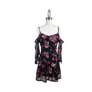 Charlotte Russe Dress XS Black Floral Cold Shoulder Ruffle Romantic